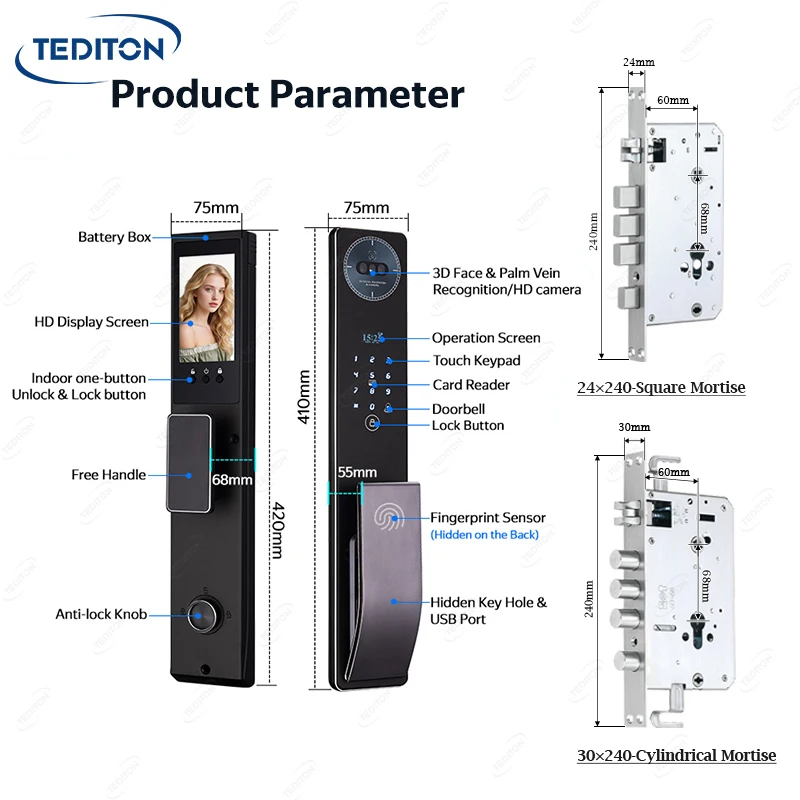 Tediton facial recognition smart door lock 6068 mortise fingerprint Tuya wireless digital smart lock with home camera
