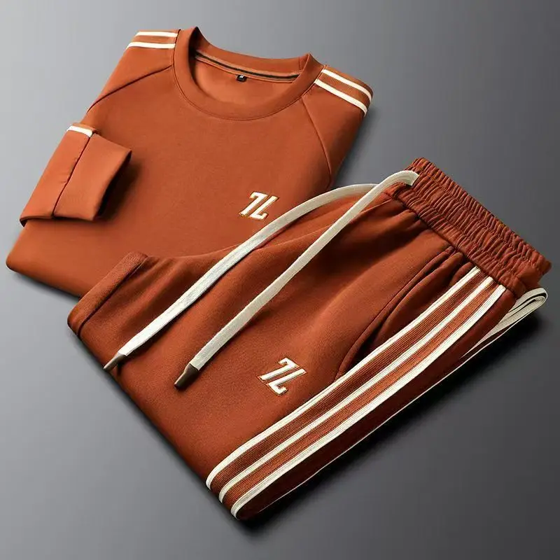 

Мужской осенний новый комплект с круглым вырезом, повседневный модный топ с длинными рукавами, прямые брюки с вышивкой букв, спортивный комплект из двух предметов