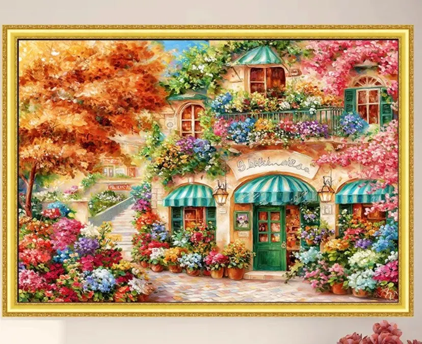

Street Flowers Shop Printed Cross Stitch 14CT 9CT Embroidery DIY Needlework Set Crafts With Needles Threads