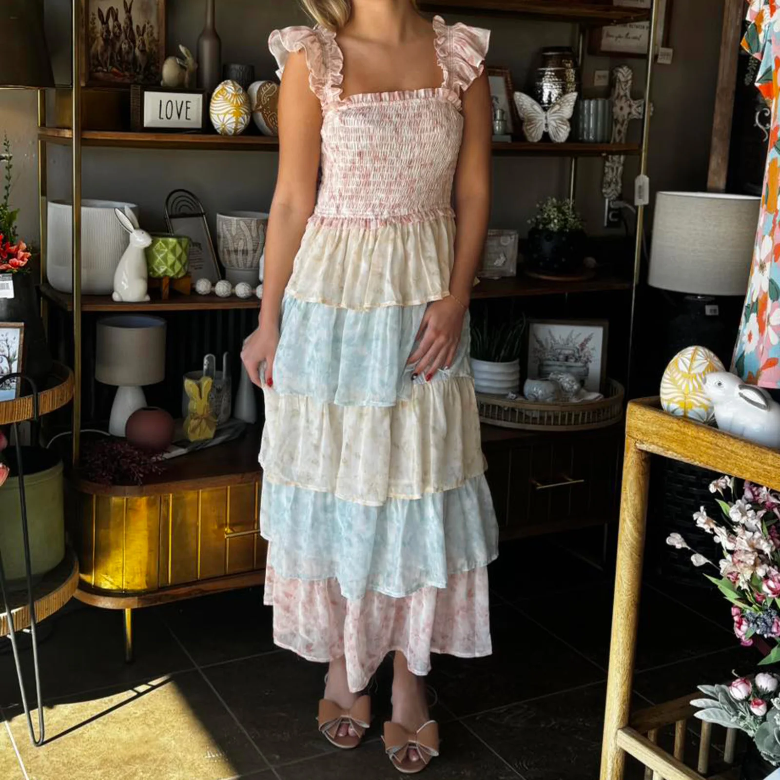 Combhasaki mujeres verano estampado Floral volantes manga mosca ahumado cuello cuadrado largo una línea en capas pastel escalonado vestido sin mangas de gasa