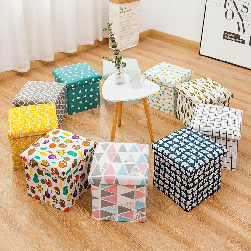 Fabric Storage Box Foldable Printed Storage Stool Sitting Adult Multifunctional Square Sofa Shoe Changing Stool 30cmX30cmX30CM