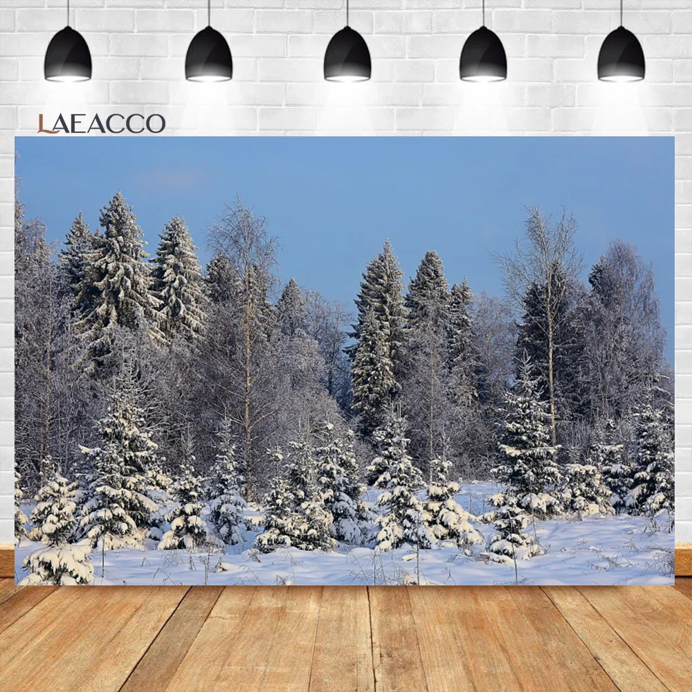 Laeacco-冬の雪の森の背景、白いクリスマスツリーの窓のシーン、クリスマスと新年のパーティー、写真の背景