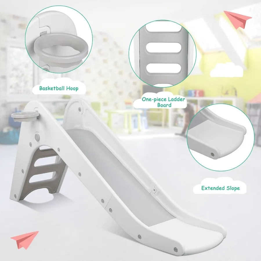 Perosotan Berdiri Sendiri untuk Balita dengan Ring Basket dan Bola, Set Permainan Bayi dengan Lereng Panjang untuk Anak Laki-laki dan Perempuan, Kokoh untuk Hadiah Ulang Tahun