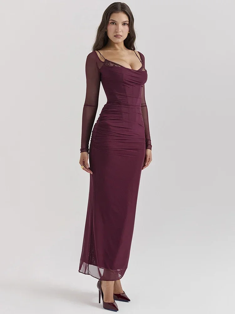 Elegant Sheer Long Sleeve Sexy Maxi Dress For Women Fashion Mesh Strapless Backless Club Party Sexy Long Dress 2024