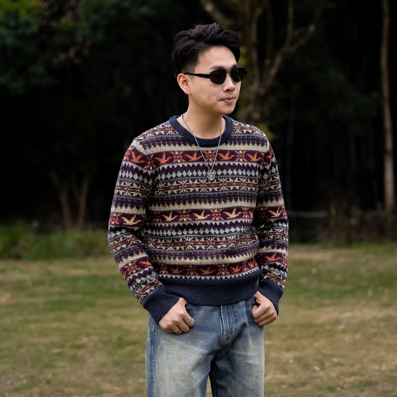 

Red Tornado 100% Wool Fair Isle Sweater Vintage Style Fall Winter Men's Crewneck Knit Jumper British Cashmere Sweater