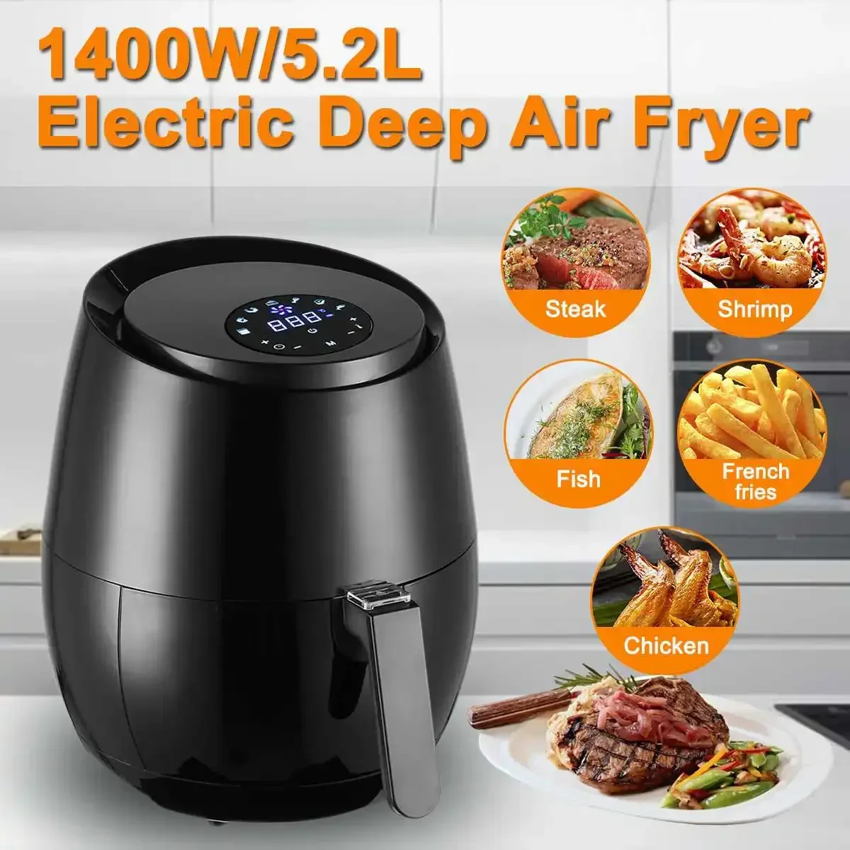 

1400W 5.2L Household Oil free Deep Fryer Health Fryer Cooker Smart Touch LCD Digital Deep fryer Pizza Multi function Smart Fryer