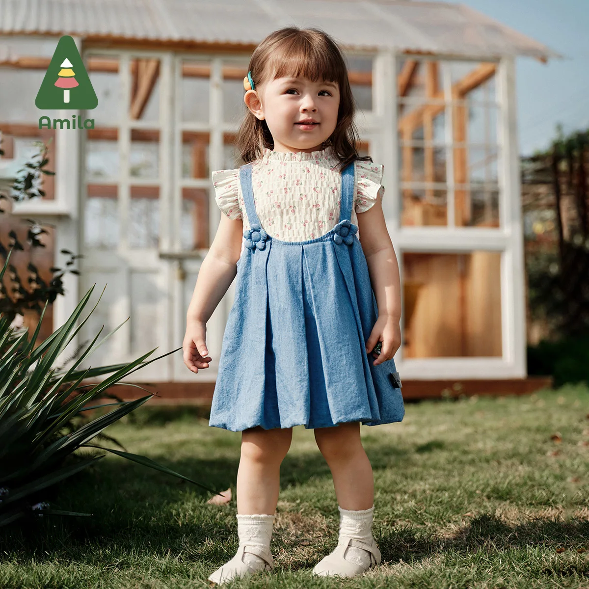 Amila Baby Skirt Set 2024 Summer New Denim Suspenders Dress With Floral Top Cute and Sweet Girls Clothing 0-6 Years Old