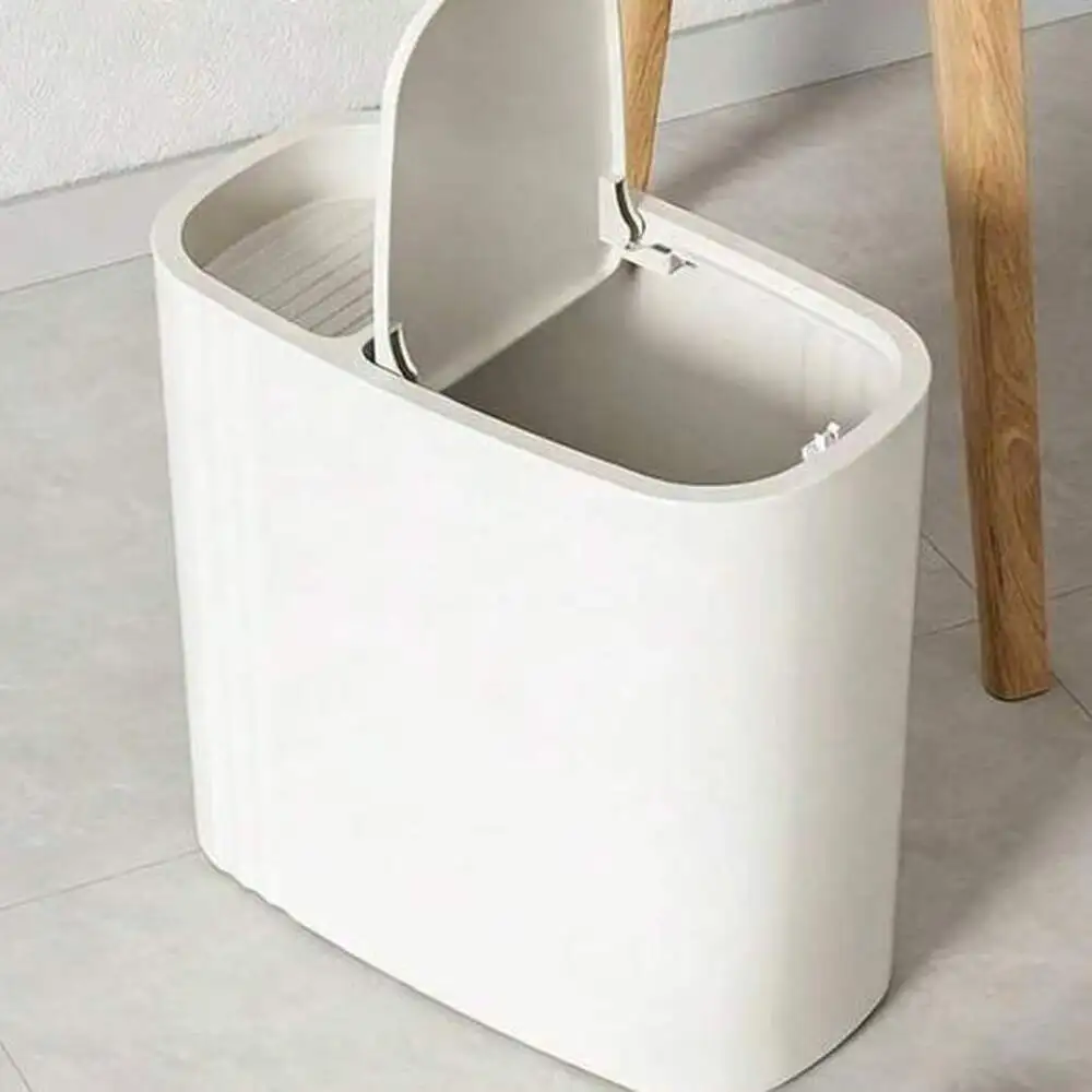 Bathroom Trash Can With Lid & Storage Compartment, 3.7 Gallon Slim Small Thin Press Top Garbage Can, Narrow Plastic Waste Basket