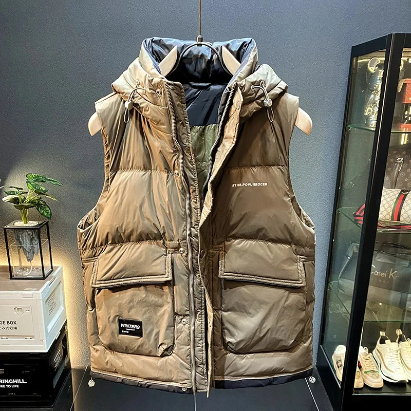 

90 White Duck Down Warm Hooded Jacket Men Women Camisole Travel Waistcoat Autumn Winter Large Size Vest Outdoor Camping Workwear