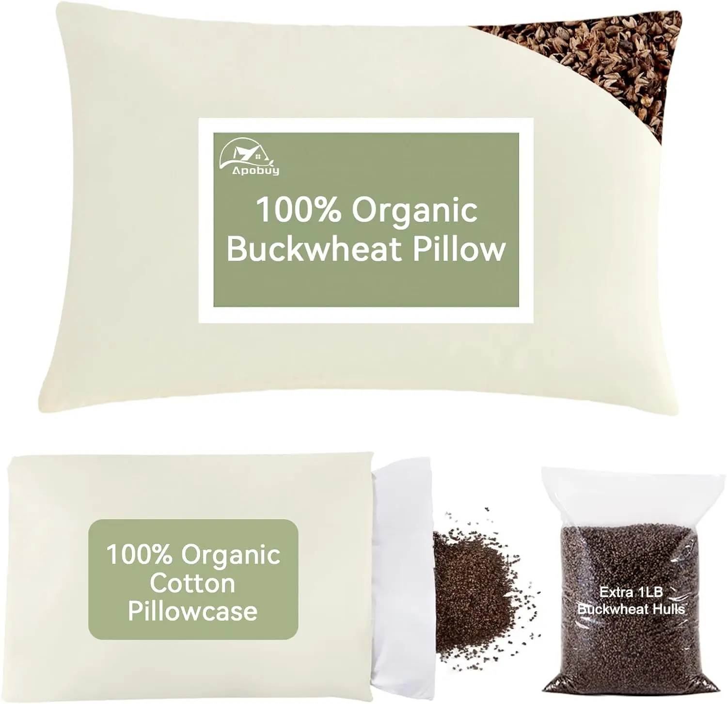 20x26 Large Organic Buckwheat Pillow with Extra Cotton Pillowcase and Tartary Buckwheat Hulls, Adjust Height and Firmness, Firm