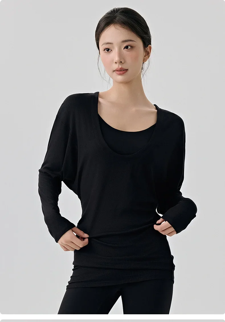 Lockere Fitness-Bluse mit großem U-Ausschnitt, sexy Trainingsjacke, langer Stil, der das Gesäß und unangenehme Linien bedeckt, weich für Frauen. – Detail 14