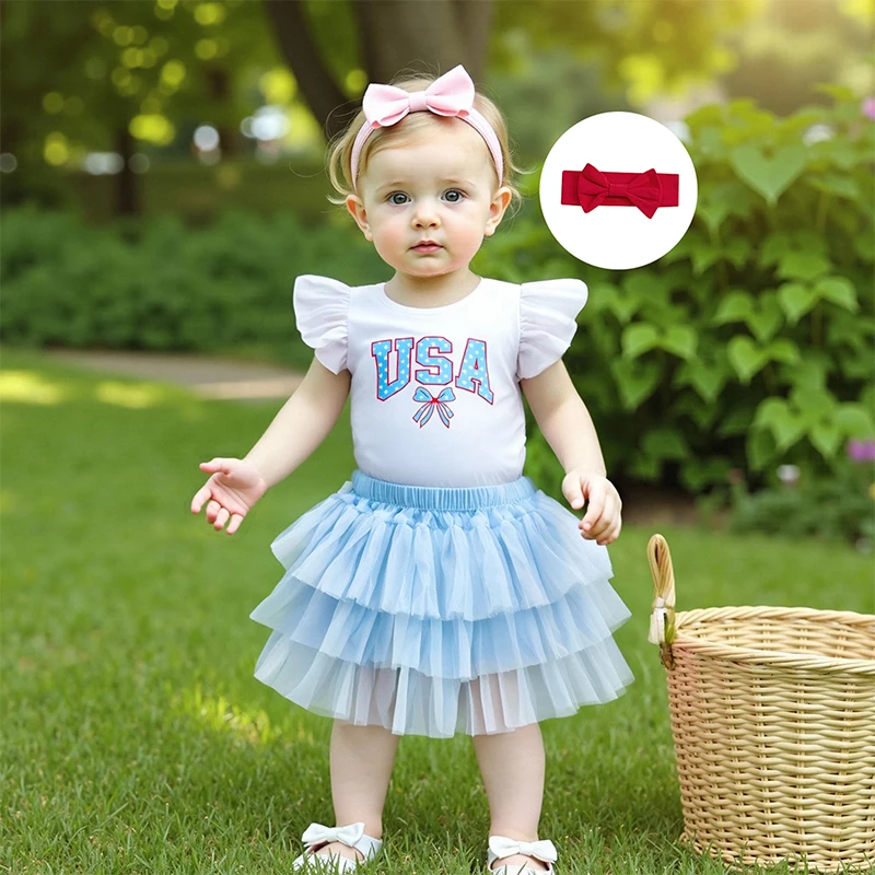 

Baby Girls Floral Print Ruffle Sleeve Romper with Denim Skirt and Matching Headband Set Summer Outfit for Infants