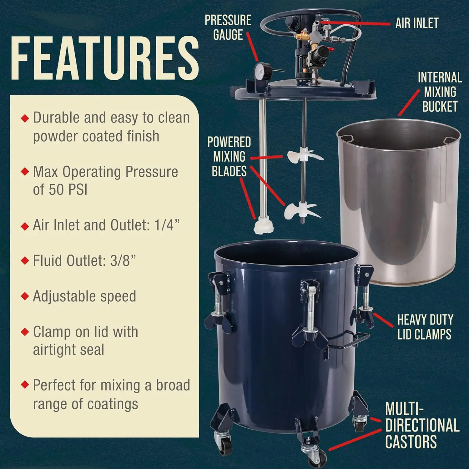 TCP Global 10 Gallon - 40 Liter Pressure Pot Paint Tank: Heavy Duty Solid Steel, Clamp on Lid with Air-Powered Mixing Agitato