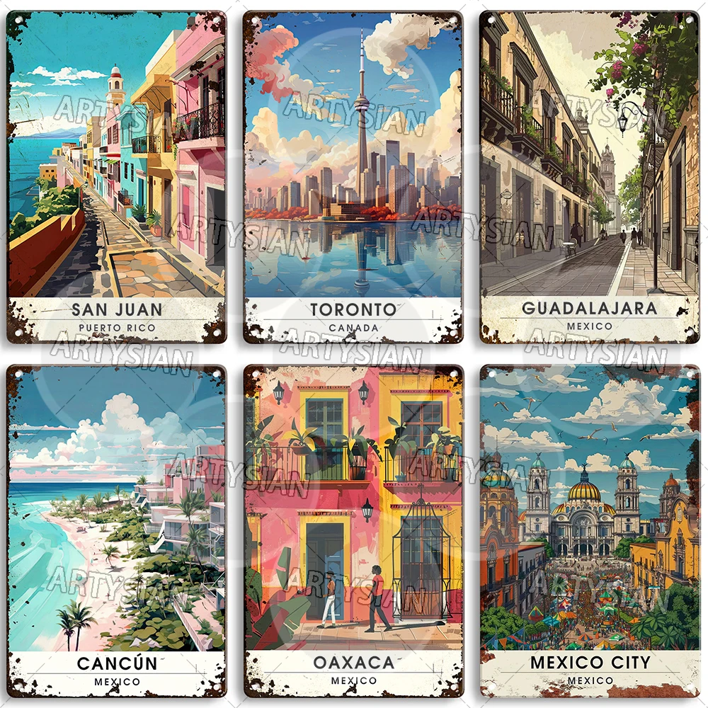 Travel Cityscape Metal Sign Mexico Canada Peru Argentina Toronto Lima São Paulo Rio de Janeiro Buenos Aires Cancún Cartagena