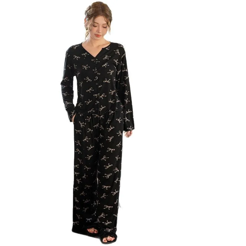 أنيقة فراشة عقدة ملابس خاصة المرأة ربيع الخريف الخامس الرقبة طويلة الأكمام السراويل الطويلة سترة مفتوحة مجموعة ملابس المنزل الحلو #5