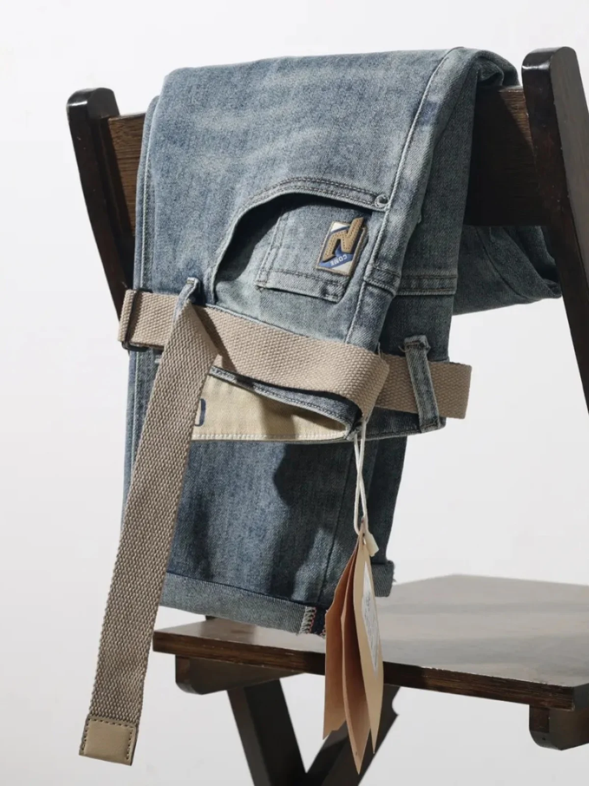 

Ele American Retro Blue Jeans Men's Elastic Casual Slim Straight Leg Pants mid Stretch Faded Effect Spring High End