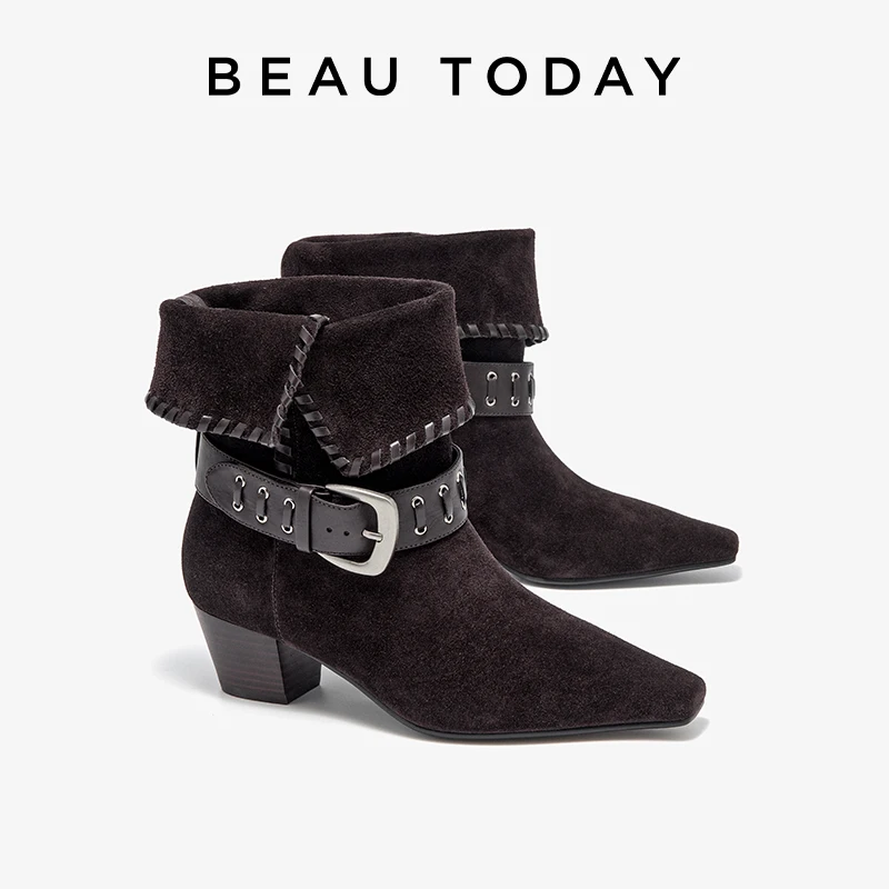 Botas vaqueras BEAUTODAY para mujer, de piel de becerro y ante, con borde vuelto, correa con hebilla, punta cuadrada, zapatos de media pantorrilla para mujer 02269