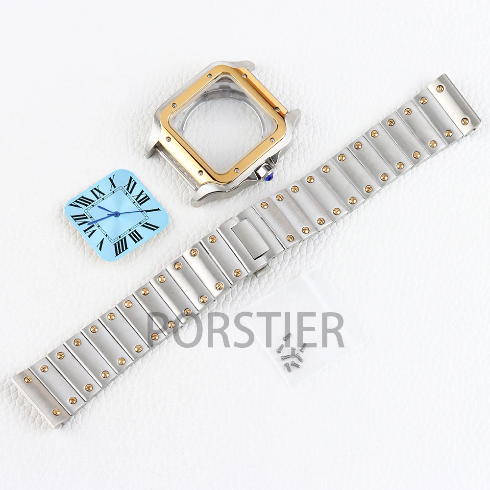 Gold/Silver NH35 Square Watch Case 38mm for Santos Mod 27mm Dial NH35 NH36 NH38 movement Stainless steel Bracelet Waterproof image 2