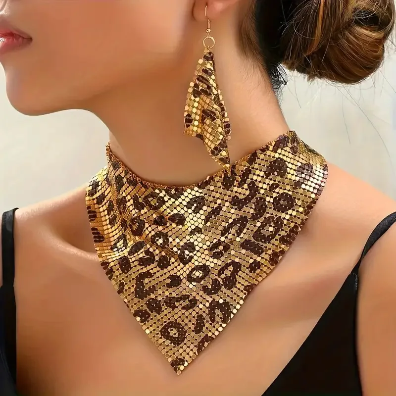 

Leopard Print Sequins Jewelry Set For Women Triangle Towel Necklace Earrings Personalized Exaggerated Collarbone Chain
