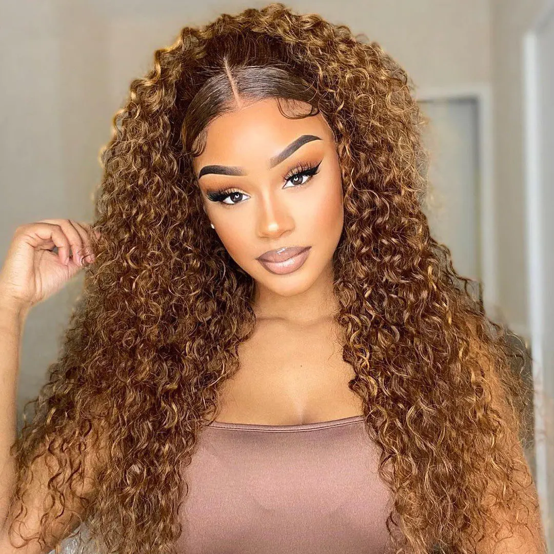 

Highlight Ombre Curly 4x4 Glueless Wig Human Hair Ombre Honey Blonde Pre Plucked Hairline 4/27 Deep Wave For Women Pre Cut