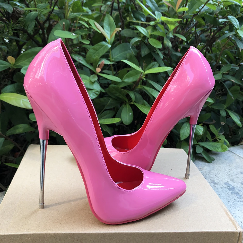 Women Pointy Toe Stilettos Pumps 16cm Extreme Metal High Heels Solid Pink Sexy Fetish Model Unisex SM Man Shoes Customize