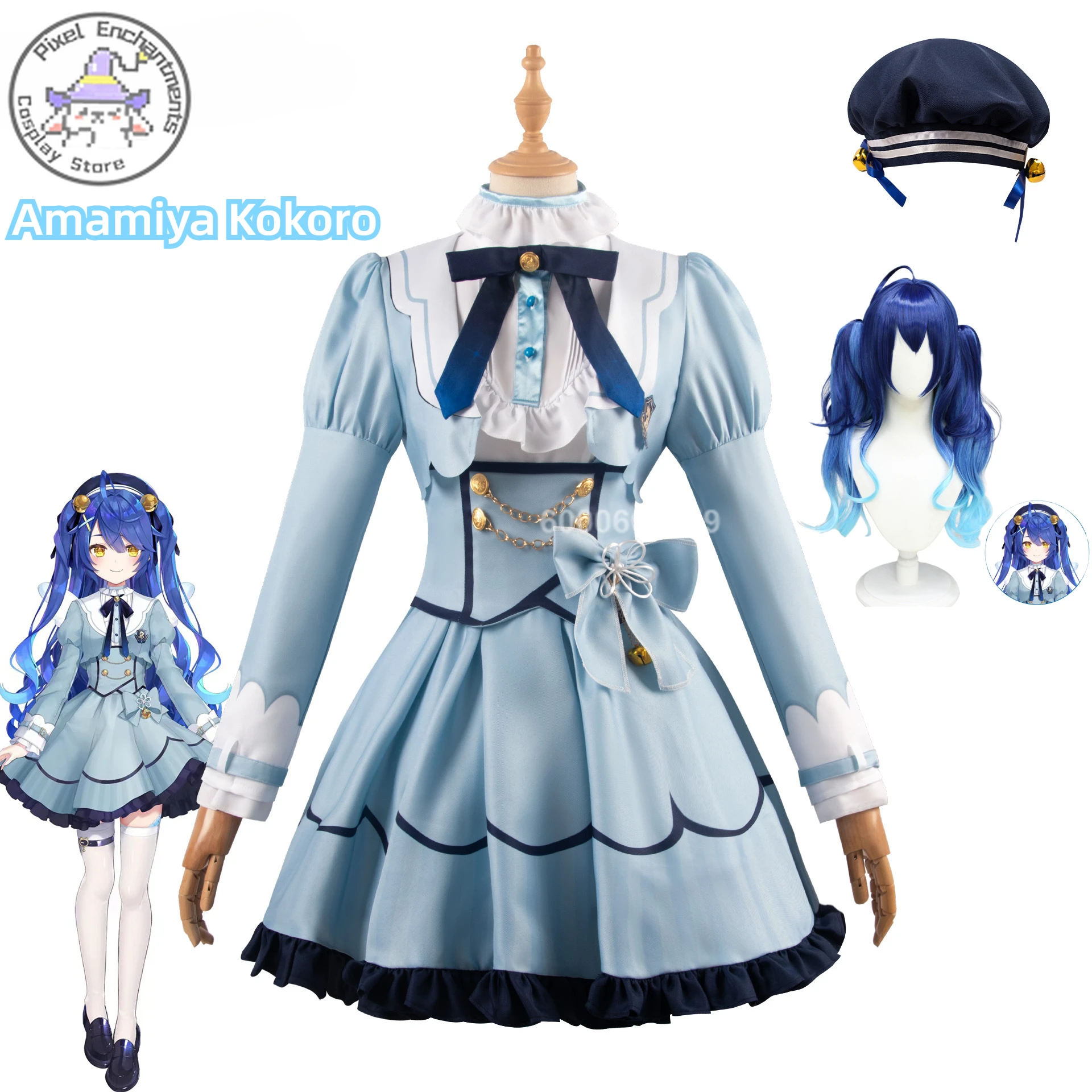 Anime Nijisanji Vtuber Idol Amamiya Kokoro Lovely Lolita Uniform Cosplay Costume Halloween Party Role Play Outfit Women Wig