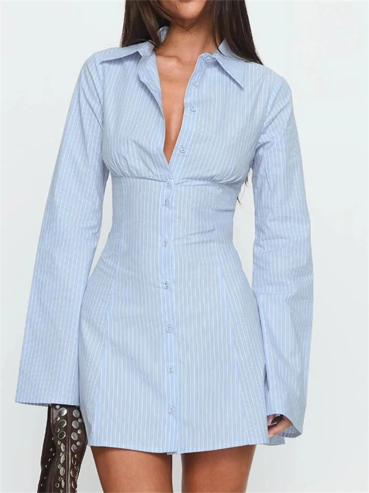 Summer Women's Y2K Shirt Dress Slimming Waist Short Skirt Mini Dress High Waistline Flirty Style Full Sleeve Regular Collar Summer Women's Y2K Shirt Dress Slimming Waist Short Skirt Mini Dress High Waistline Flirty Style Full Sleeve Regular Collar