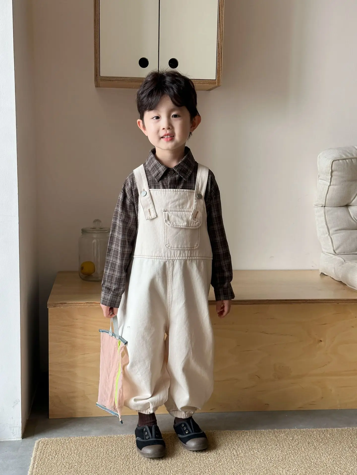 2025 Autumn New Children Overalls Cotton Boys Casual Trousers Baby Girls Solid Loose Strap Dress Kids Brother Sister Clothing