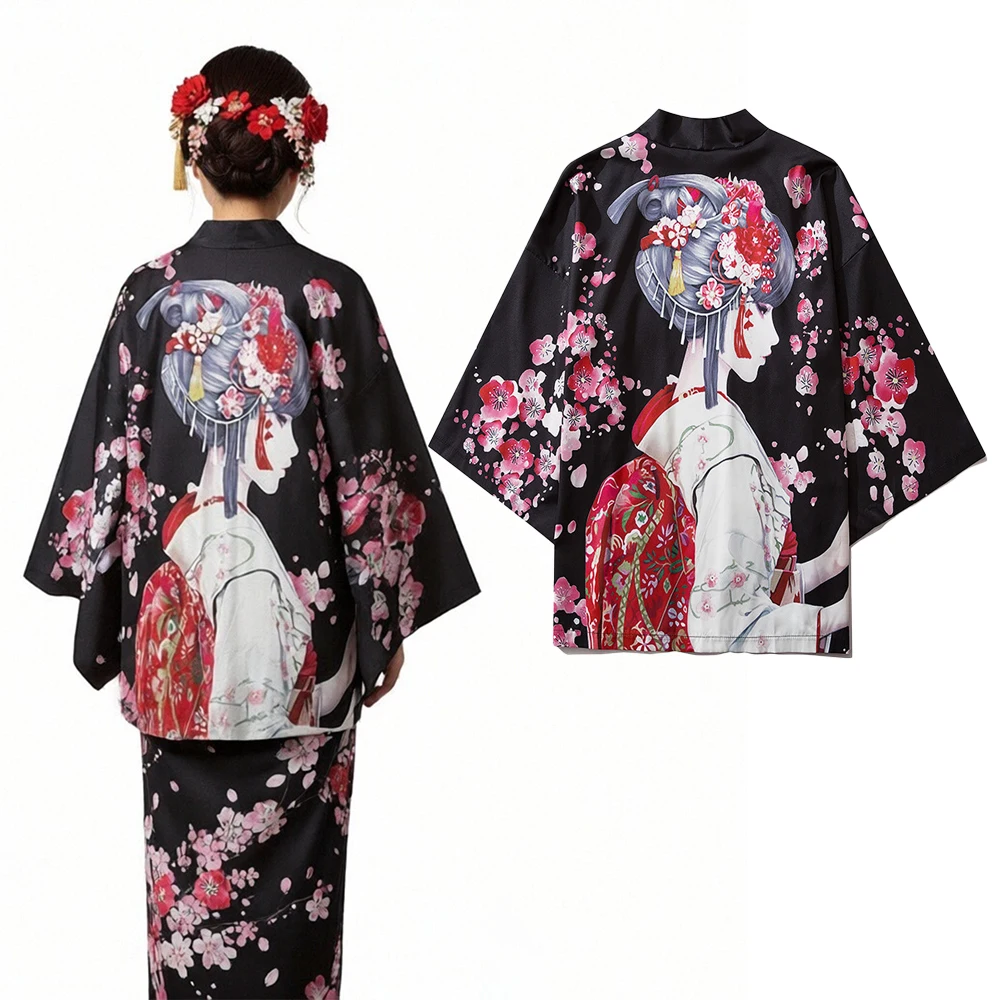 

Women's Japanese Kimono Cherry Blossom Cape Cosplay Costume Unisex Traditional Yukata Kimono Open-Front Jacket Haori Outerwear