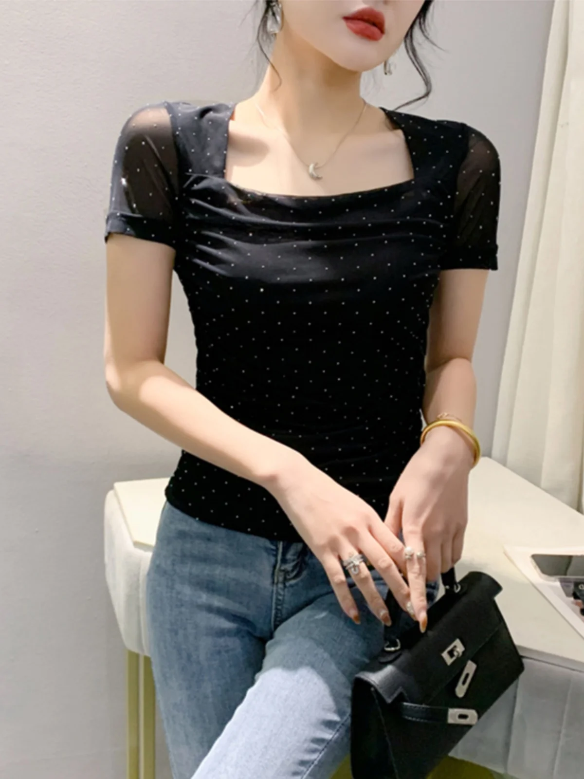 

Ele Hollow out ort Sve T-irt Women's Sensual oulder Baring Hollow Square Collar Slim Fit Base irt Trendy