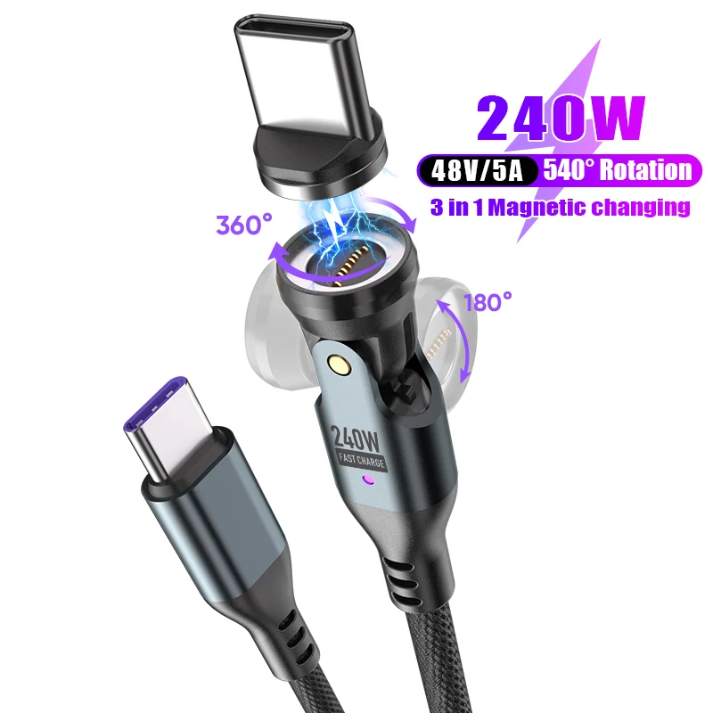 240W 540° Rotating USB C Magnetic Phone Charger Cable,9Pin Type C 5A PD Fast Charging Data Cords for iPhone 17 16/Samsung/M-Book