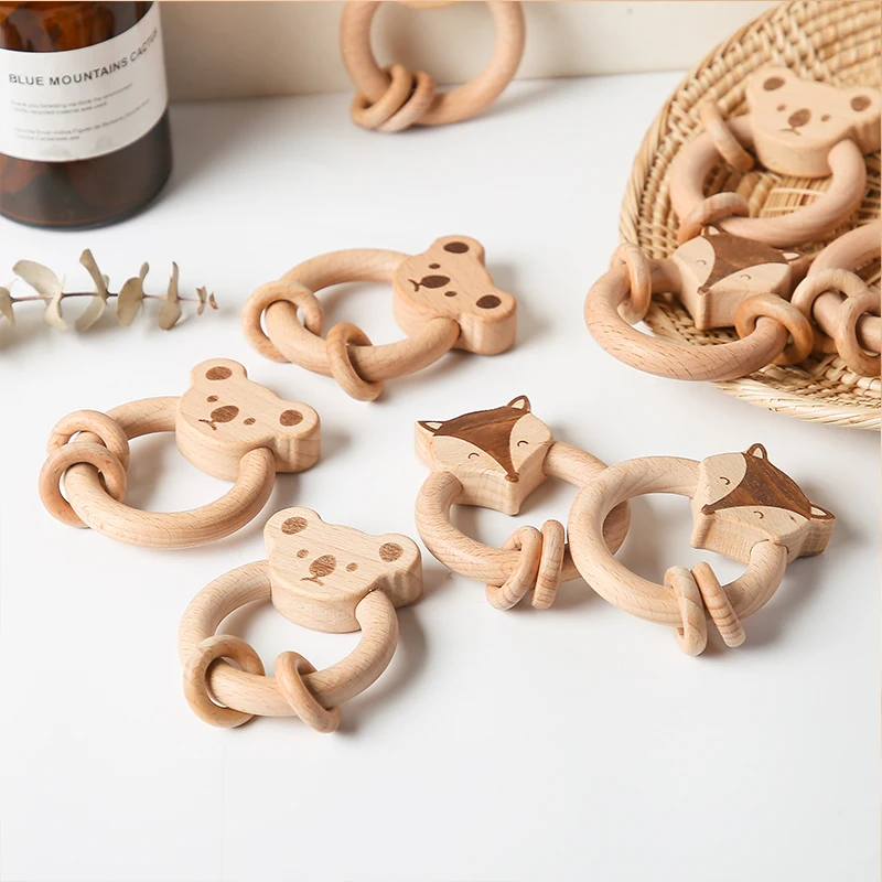 Wooden Toy Rattle Montessori Educational Toys Early Beech Animal  Bear Hand Teething Wooden Ring Baby Rattles for Newborn Baby