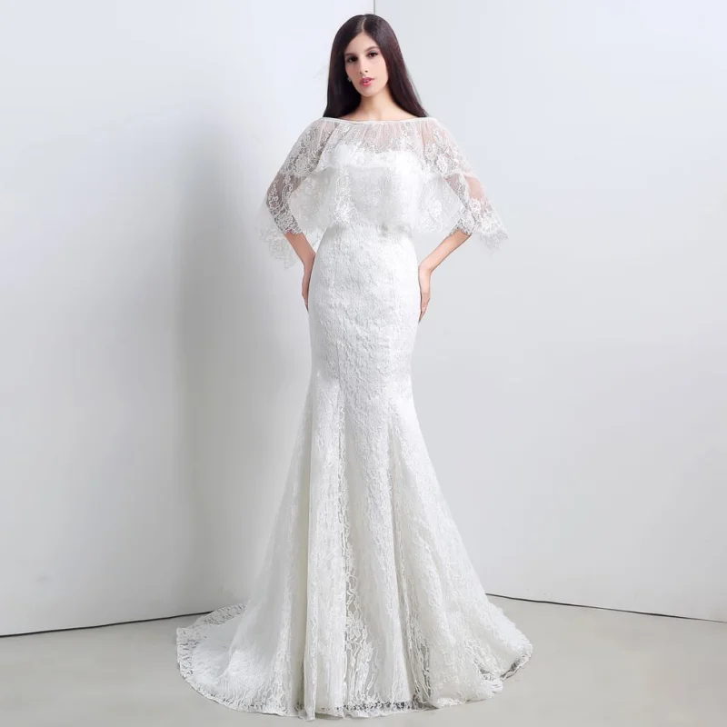 

Ivory Wedding Dresses Lace Appliques A-line With Tailing Half Sleeve For Wedding Party Banquet Evening Gowns