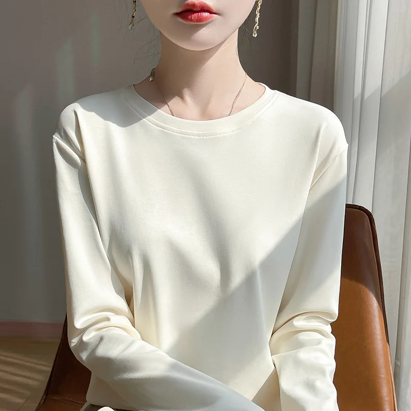 

Spring New 100% Cotton Long-Sleeved T-shirt Women's Round Neck Mercerized Cotton Bottoming Shirt Loose Solid Color Top