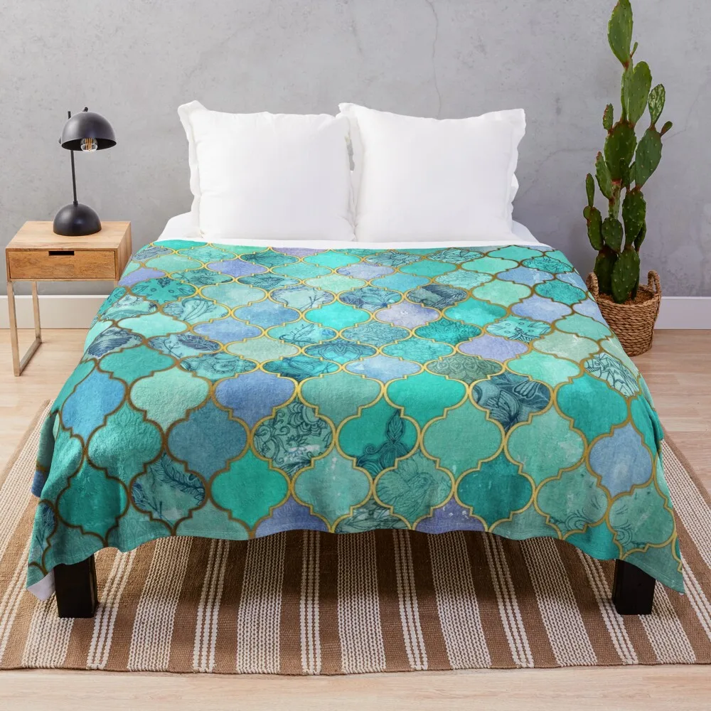 

Cool Jade & Icy Mint Decorative Moroccan Tile Pattern Throw Blanket manga Single For Baby bed plaid Blankets