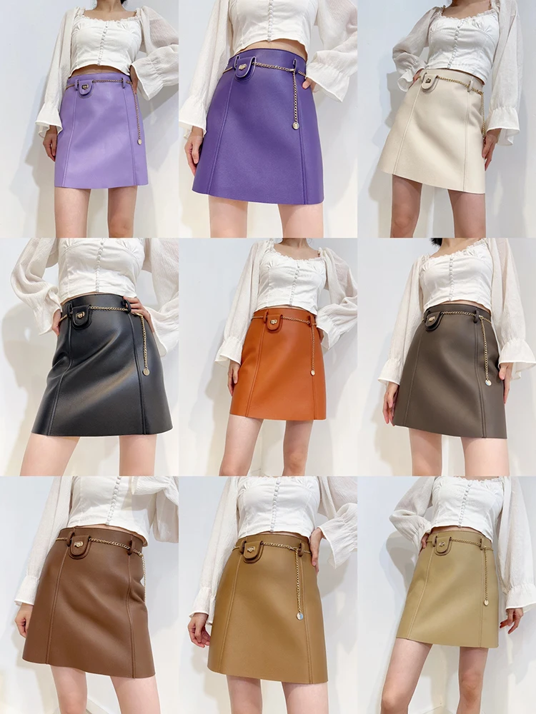 Leather Skirts for Women 2023 Autumn Simple Turkey Sheepskin High Waist A-Line Slim Metal Chain Dopamine Purple/White Short Jupe