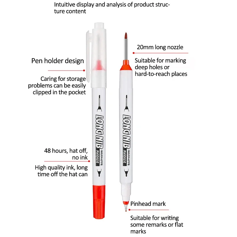 1/3/10Pcs Waterproof Long Head Markers Pen,Multi-Purpose 20mm Double headed Deep Hole Long Nib Head Markers Pen Woodworking Tool