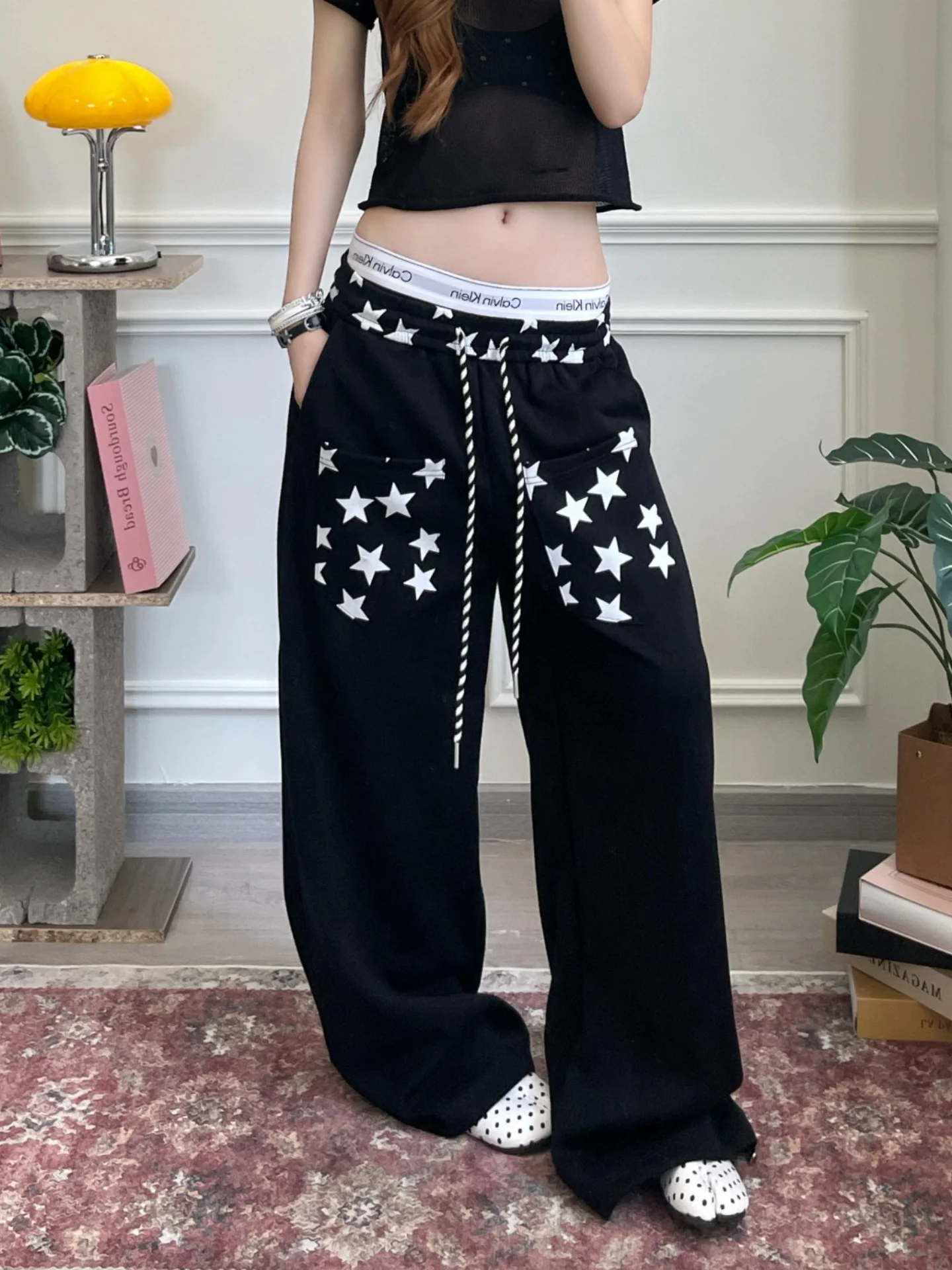 American High Street Style Star Print Wide Leg Sports Pants Men Women Loose Lazy Draping Straight Leg Casual Long Trousers