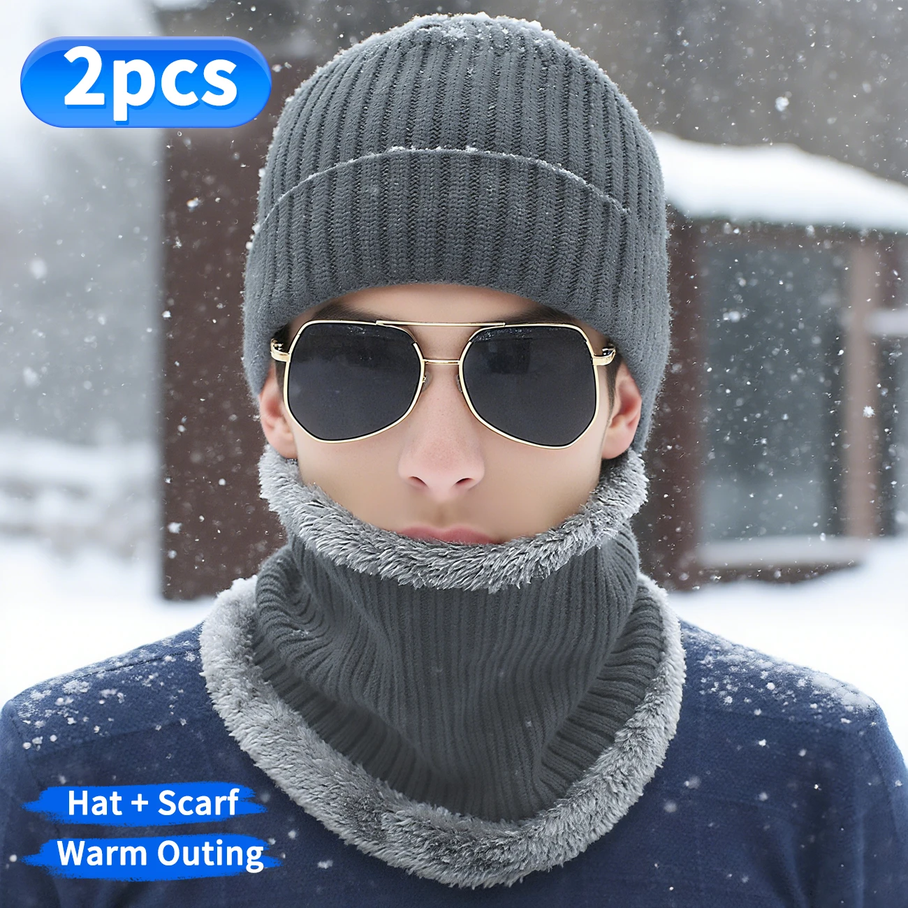 2 шт./компл., мужская теплая шапка-бини, шарф, комплект, мягкая толстая вязаная шапка на флисовой подкладке, теплая зимняя шапка, утепленная шапка с черепом