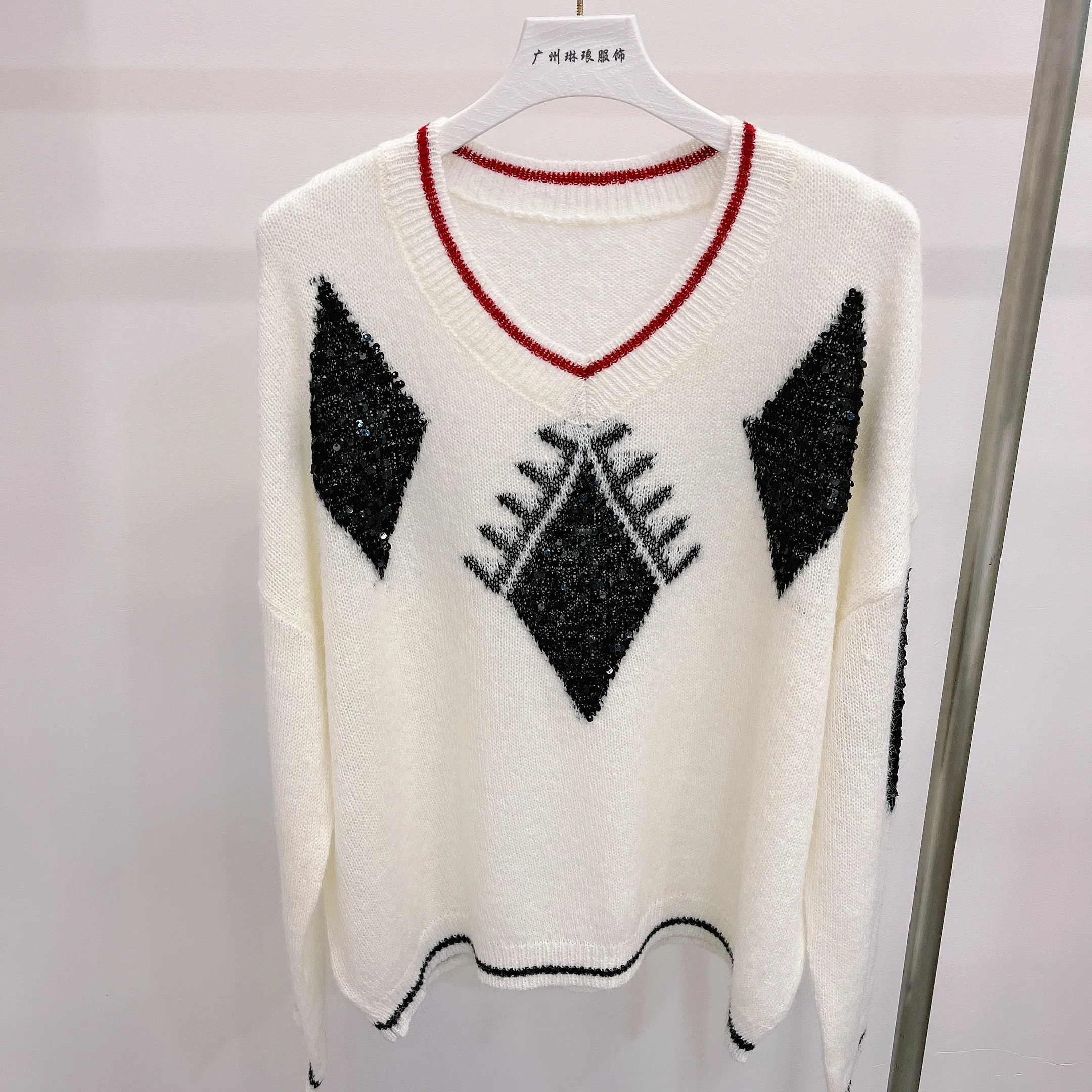 

Early Autumn Knitted Patchwork Sweater Women's Loose Slimming Top Heavy Industry Sequin Elegant Pullovers Female Clothes F35