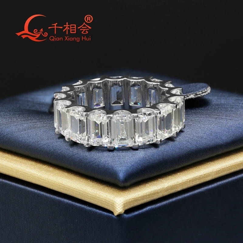 Emerald Cut White Moissanite Eternity Band Ring 4*6mm 2*4mm 925 Sterling Silver Jewelry for Engagement Men Women