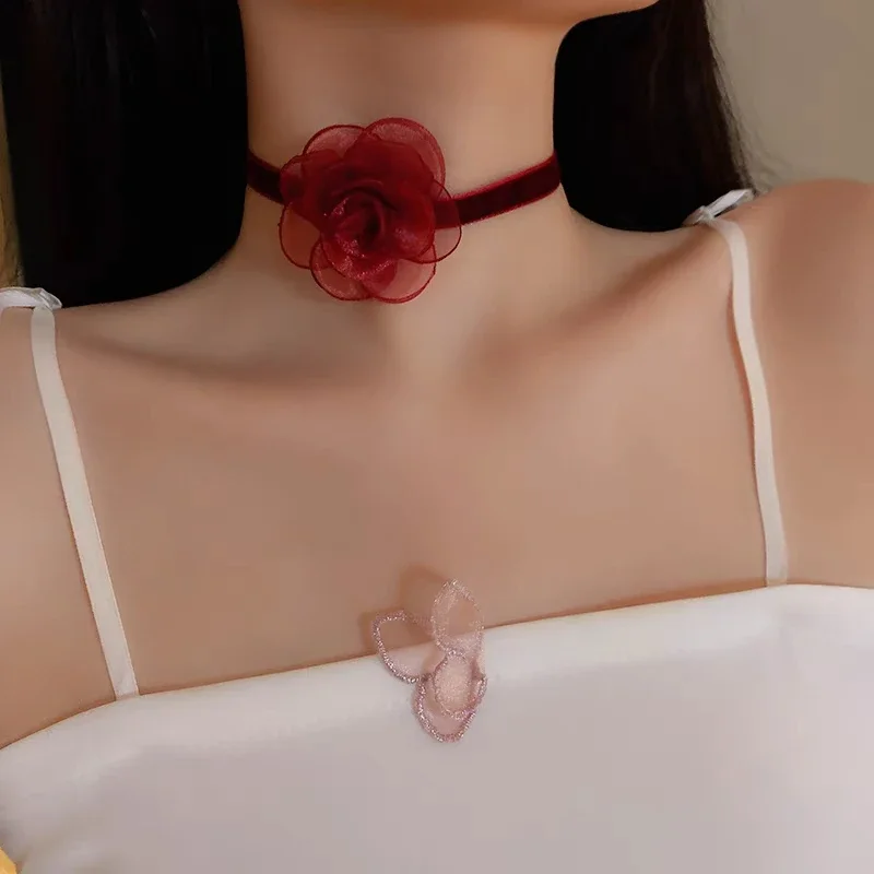 Black Rose Flower Organza Necklace for Women Party Sexy Lace Collar Neckband Chokers Wedding Clavicle Chain Jewelry Gift