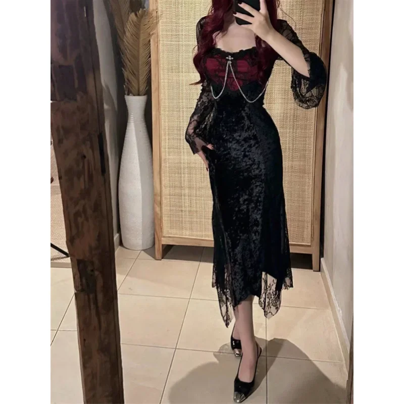 Korean Style Lace Splice Design Sensual Midi Dress Women's Slim Fit Summer New Pure Desire Fashion Dress Female Dresses