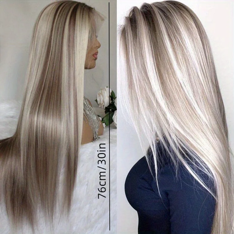 Long Straight Wig, Featuring a Blend of Brown and Gray-Gold Gradient Colors, Suitable for Women's High-Gloss Synthetic Wigs