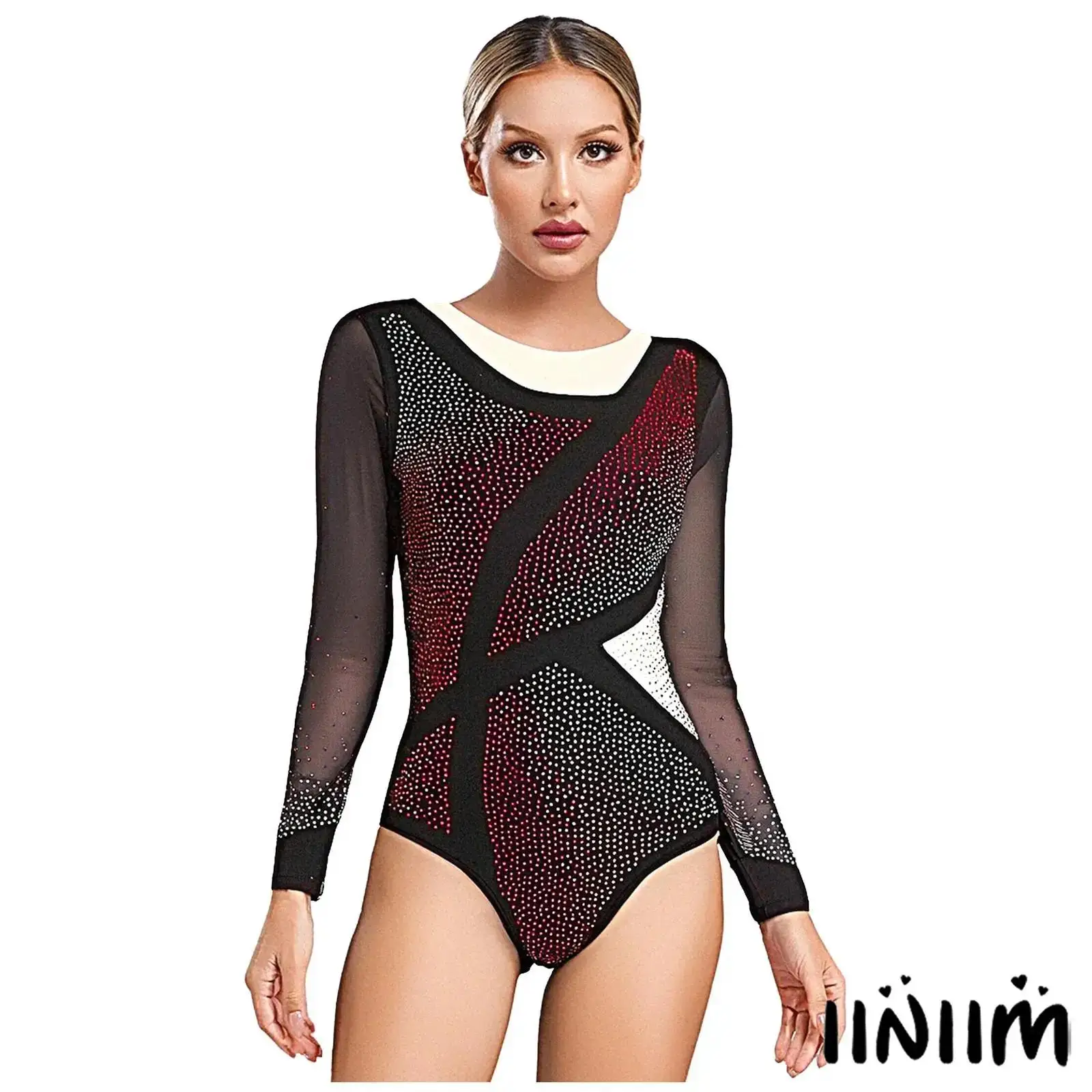 

Women's Glitter Rhinestone Jumpsuit Long Sleeve Mesh Patchwork Openable Crotch for Figure Skating Ballet Dance Gymnastics