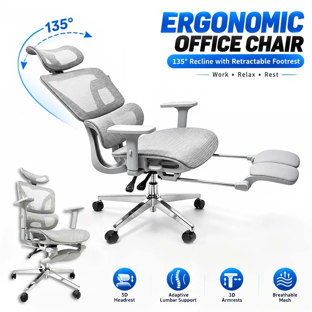 Sedia da ufficio ergonomica con poggiapiedi, poggiatesta e braccioli regolabili in 3D, supporto lombare elastico, schienale alto in rete traspirante, 90 ° -135 ° Sedia Girevole Reclinabile per