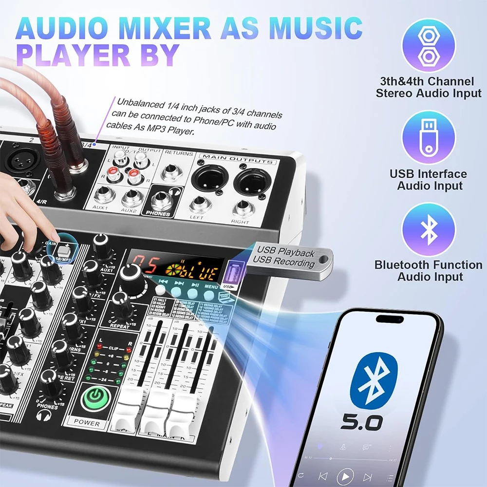 4 Channel Audio Interface DJ Mixer Soundboard 16DSP Effect USB Audio Mixer Effect 48V Phantom Bluetooth for Karaoke Studio DGNOG