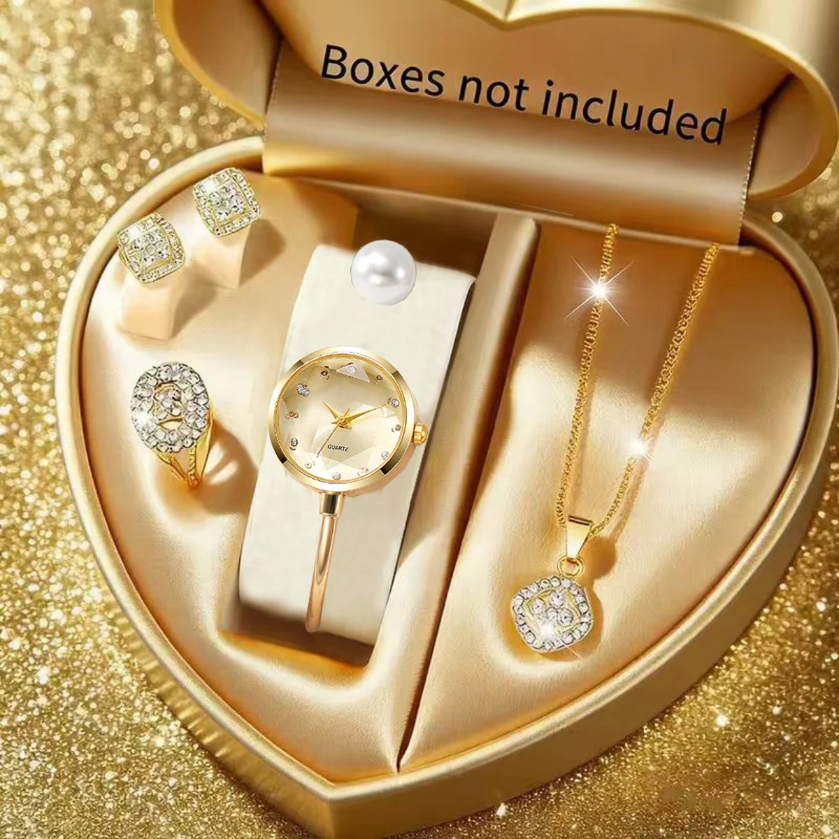

5PCS Elegant Pearl Bracelet Strap Women Watches Jewelry Set Fashion Diamond Dial Wristwatch For Ladies Clock（Without Box）
