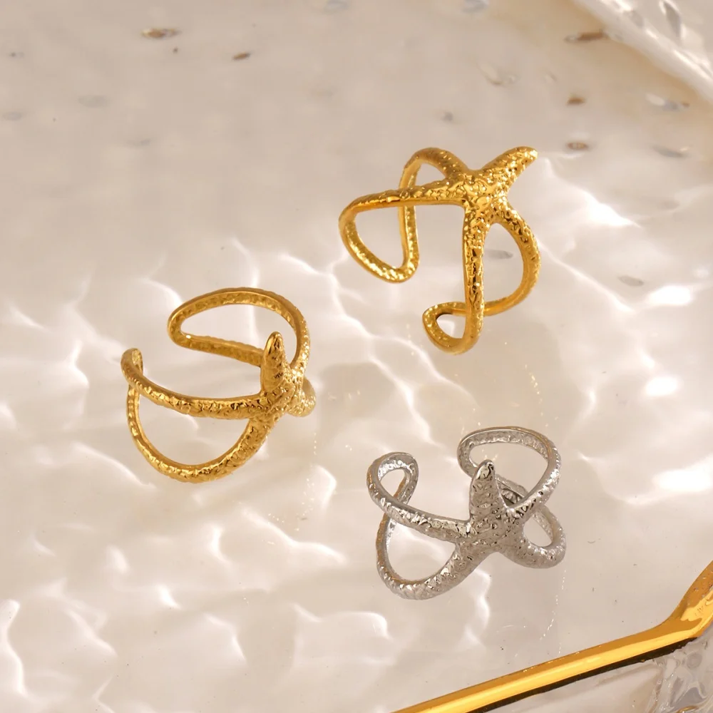 Wency 2025 New Trendy Starfish Open Ring for Women Stainless Steel Vacation Style Adjustable Finger Ring Jewelry Gifts Wholesale