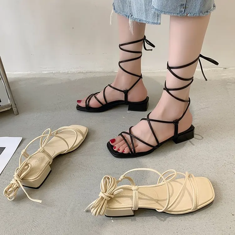 Summer Shoes Women Sandals Narrow Band Vintage Square Toe Flat Cross Strap Thong Sandals V Shape Design Shoes Women